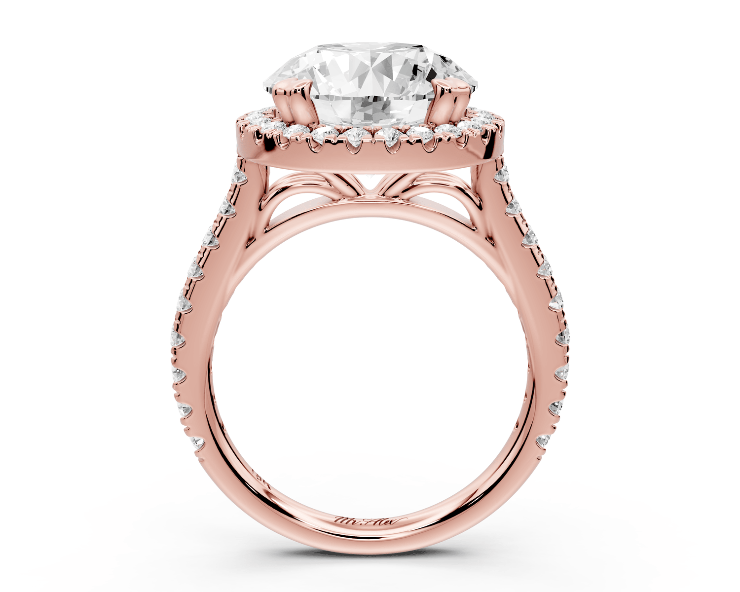 Marcella - 4ct 18k rose gold round halo double talon prong cathedral pavé engagement ring - Mr. Alex Jewelry