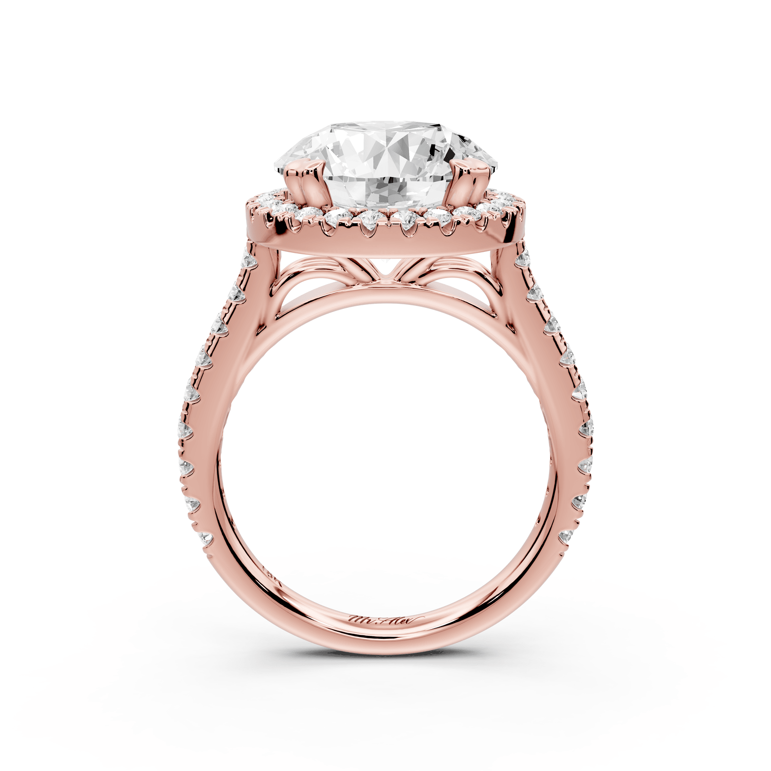 Marcella - 4ct 18k rose gold round halo double talon prong cathedral pavé engagement ring - Mr. Alex Jewelry