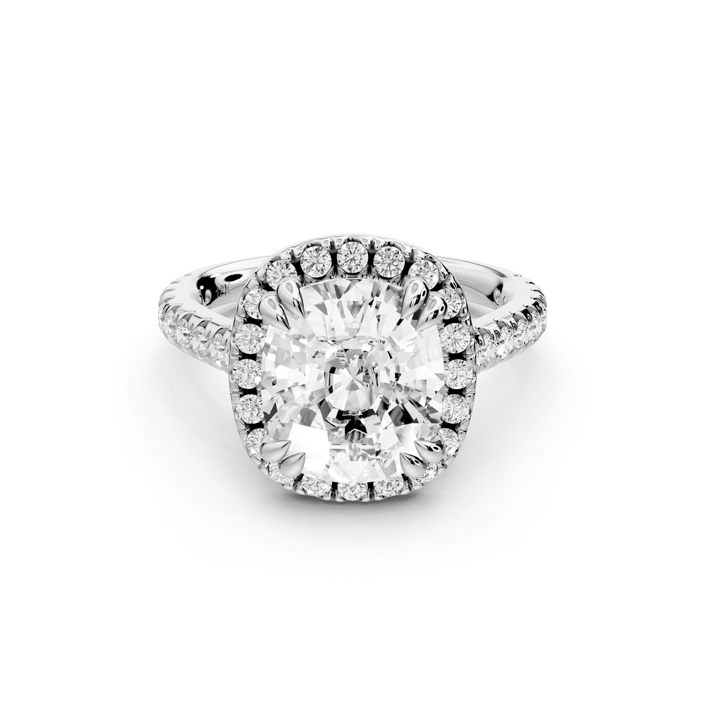 Marcella - 4ct 18k white gold ecushion halo double talon prong cathedral pavé engagement ring - Mr. Alex Jewelry