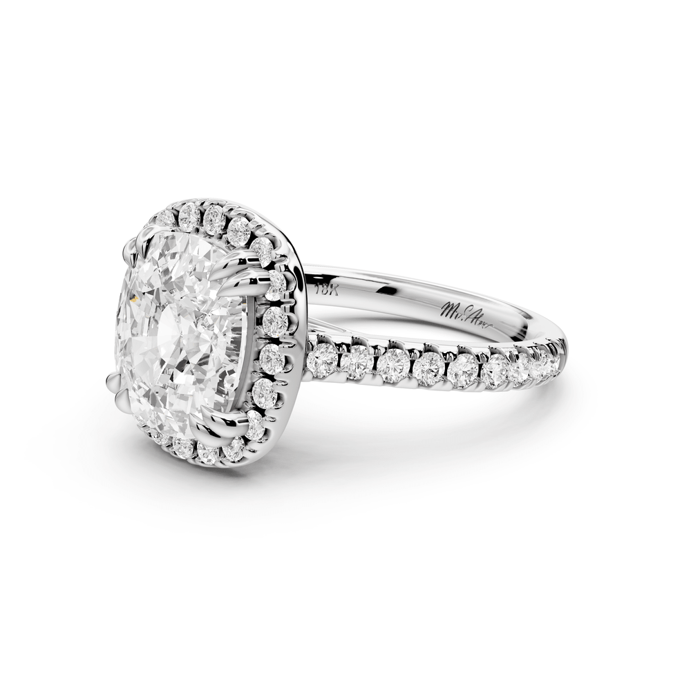 Marcella - 4ct 18k white gold ecushion halo double talon prong cathedral pavé engagement ring - Mr. Alex Jewelry