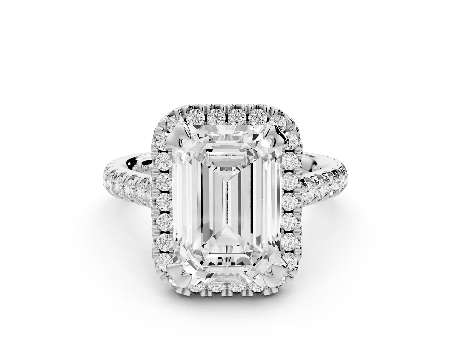 Marcella - 4ct 18k white gold emerald halo double talon prong cathedral pavé engagament ring - Mr. Alex Jewelry