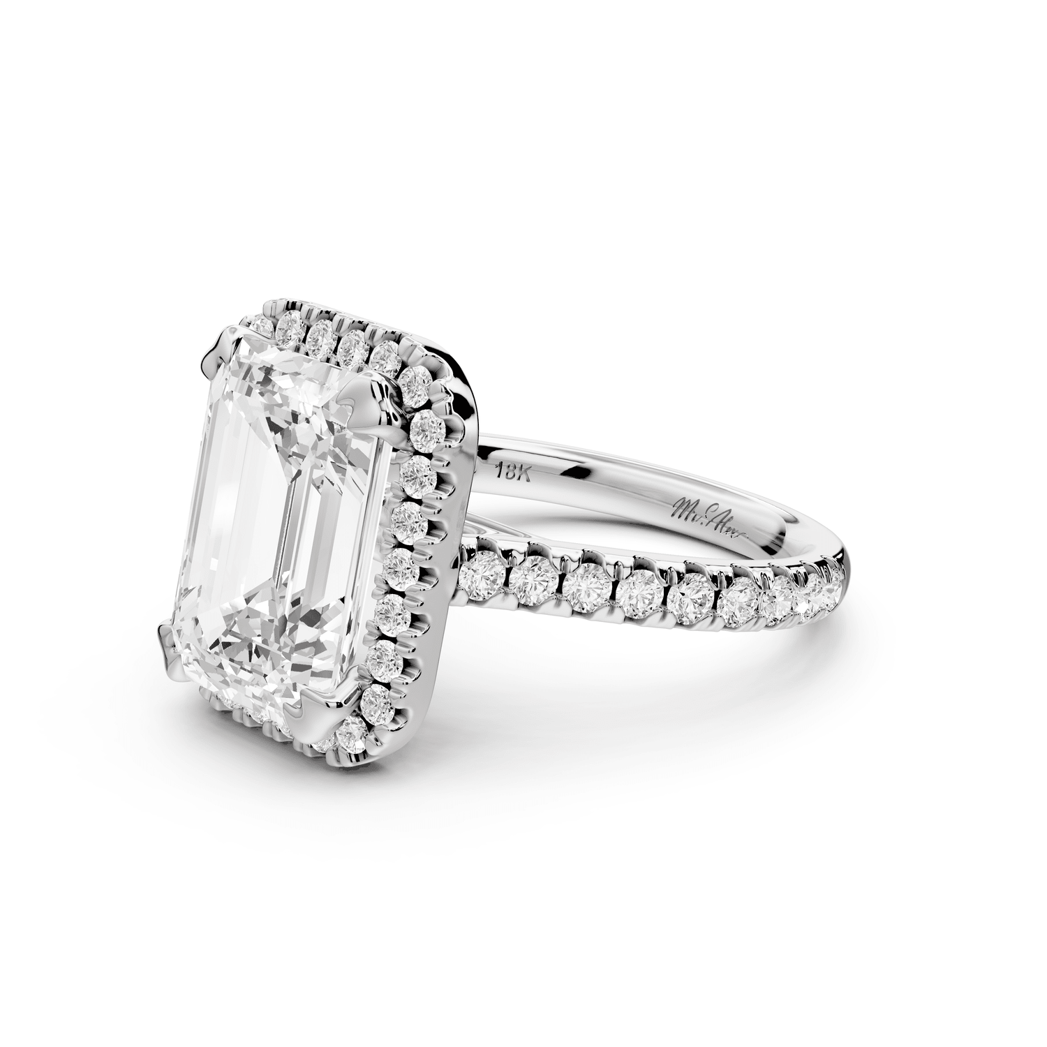 Marcella - 4ct 18k white gold emerald halo double talon prong cathedral pavé engagament ring - Mr. Alex Jewelry