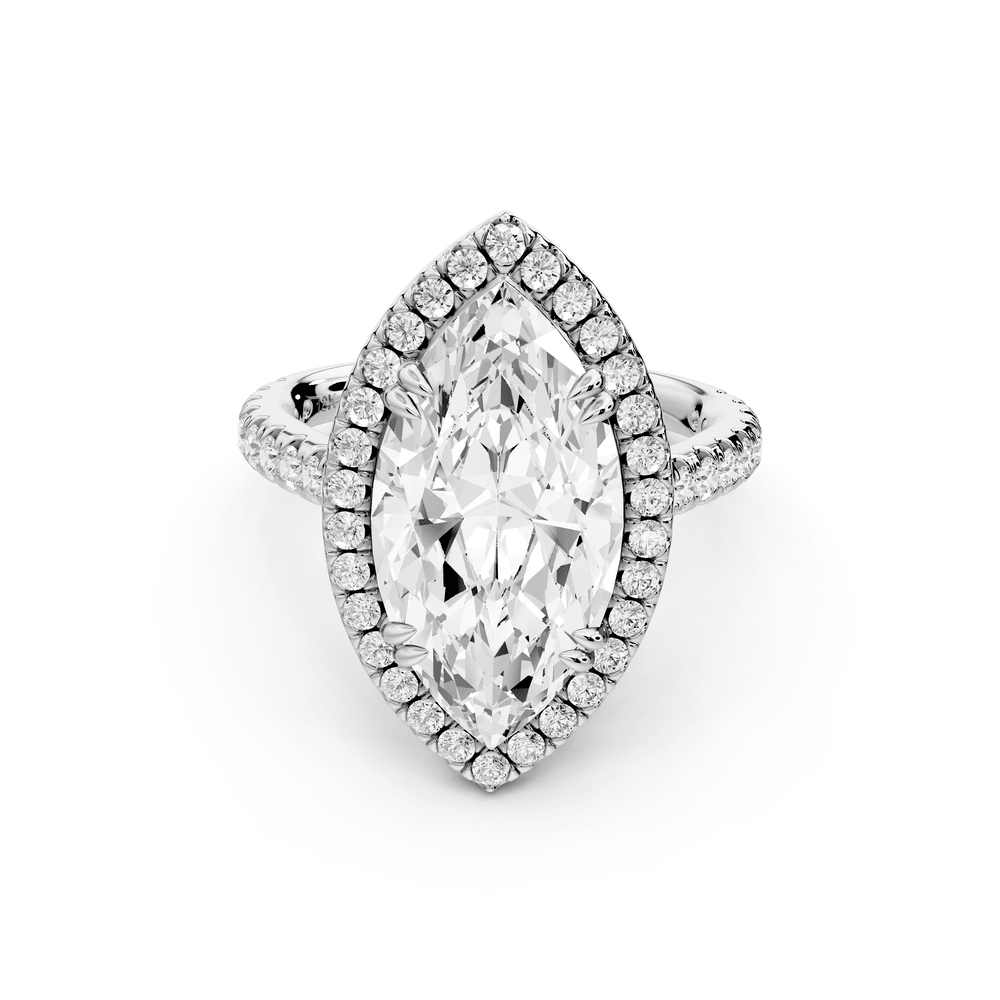 Marcella - 4ct 18k white gold marquise halo double talon prong cathedral pavé engagement ring - Mr. Alex Jewelry