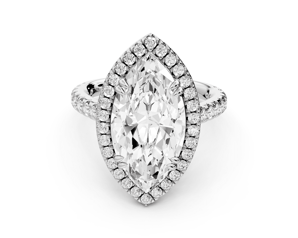 Marcella - 4ct 18k white gold marquise halo double talon prong cathedral pavé engagement ring - Mr. Alex Jewelry