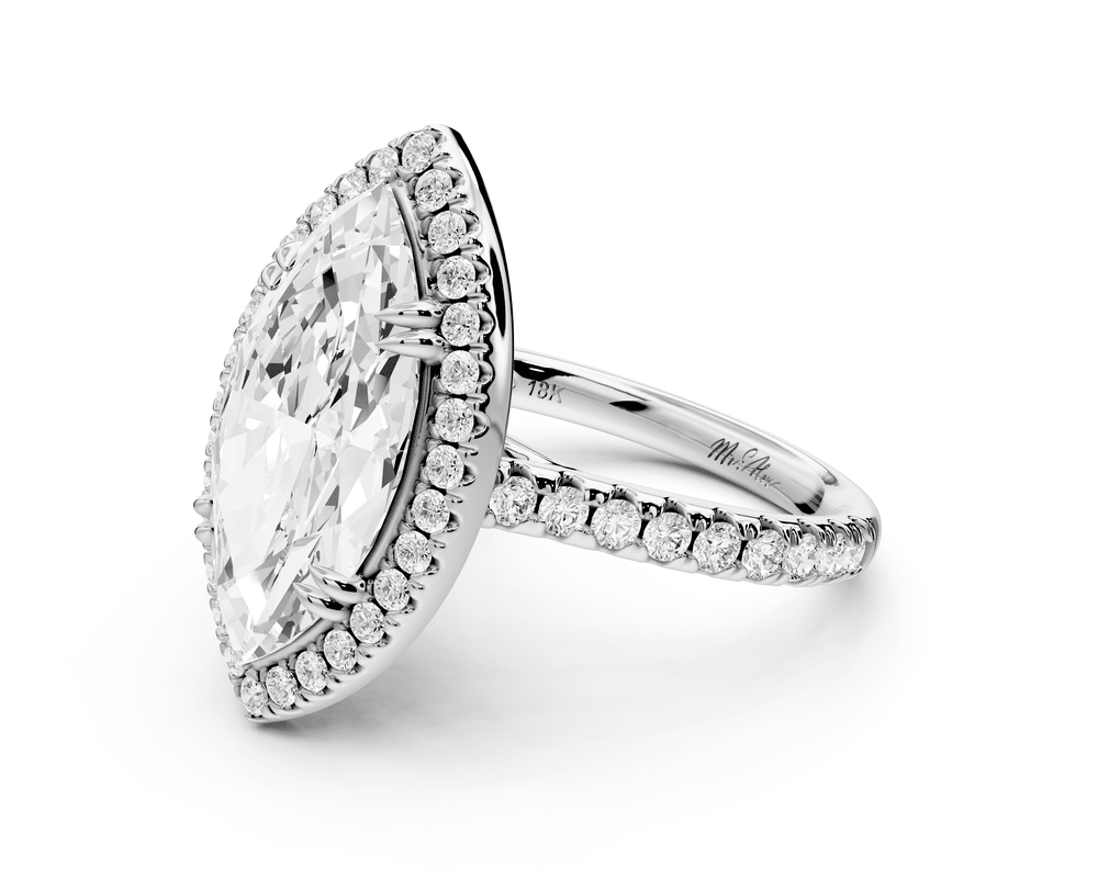 Marcella - 4ct 18k white gold marquise halo double talon prong cathedral pavé engagement ring - Mr. Alex Jewelry