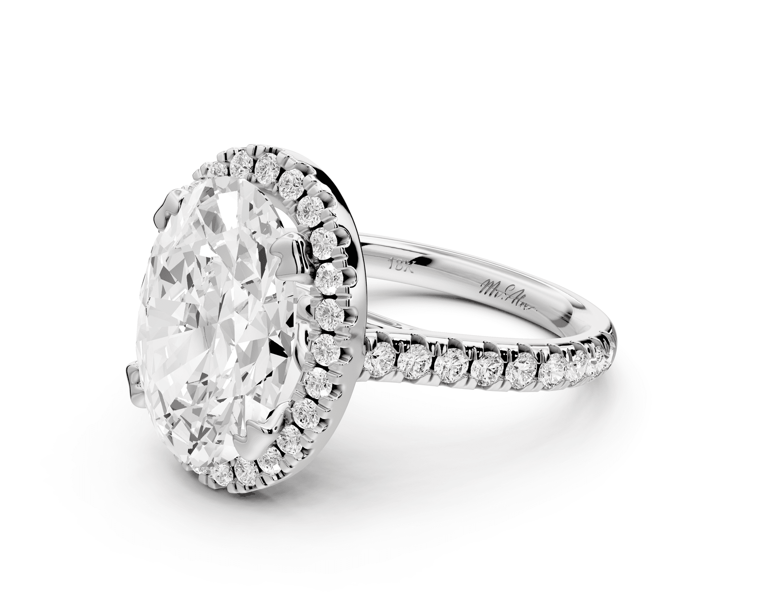 Marcella - 4ct 18k white gold oval halo double talon prong cathedral pavé engagament ring - Mr. Alex Jewelry