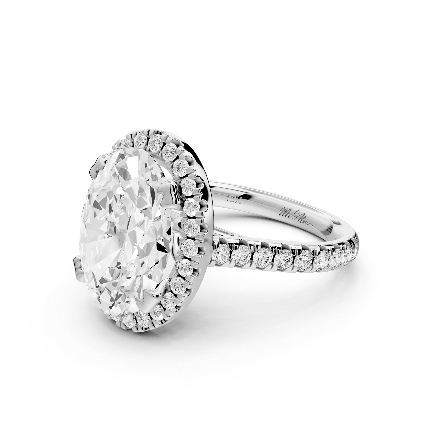 Marcella - 4ct 18k white gold oval halo double talon prong cathedral pavé engagament ring - Mr. Alex Jewelry
