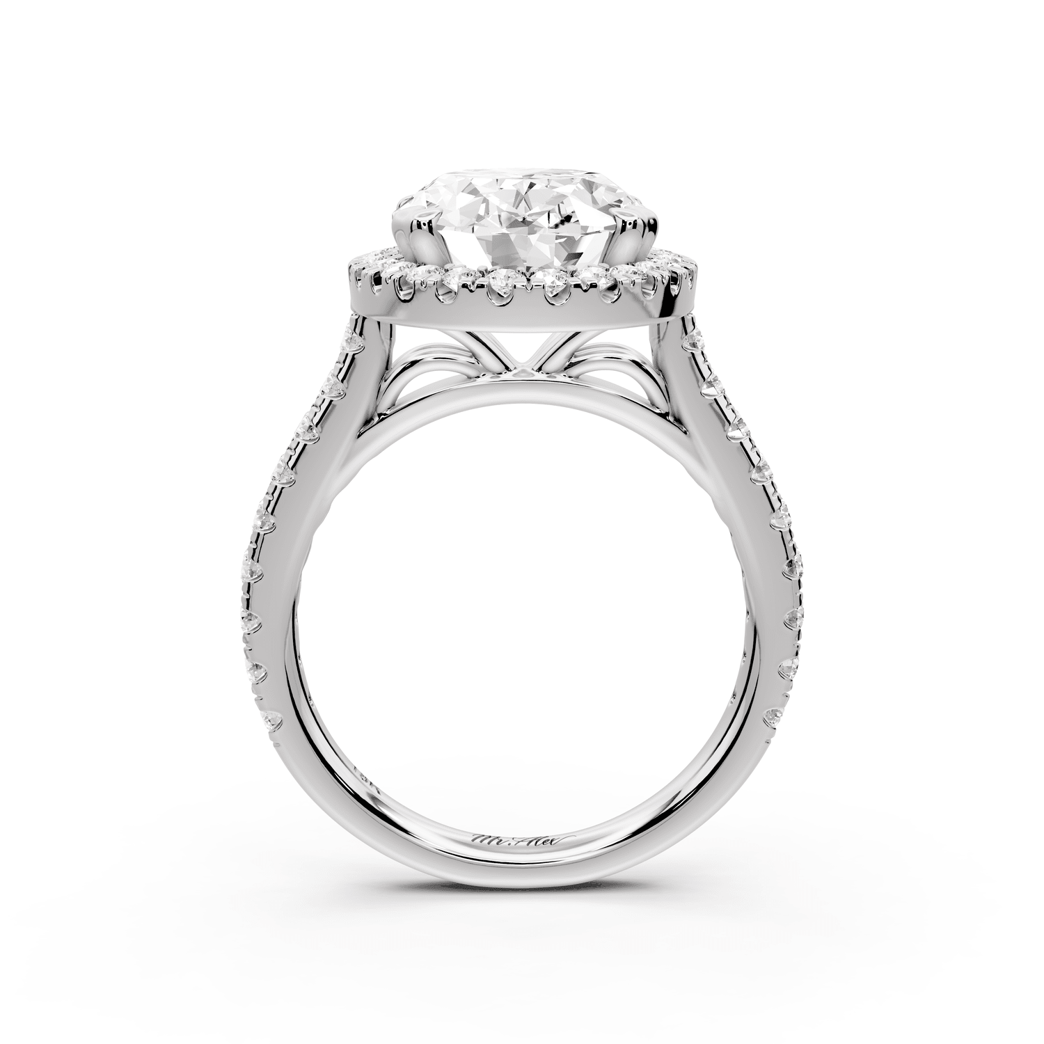 Marcella - 4ct 18k white gold oval halo double talon prong cathedral pavé engagament ring - Mr. Alex Jewelry