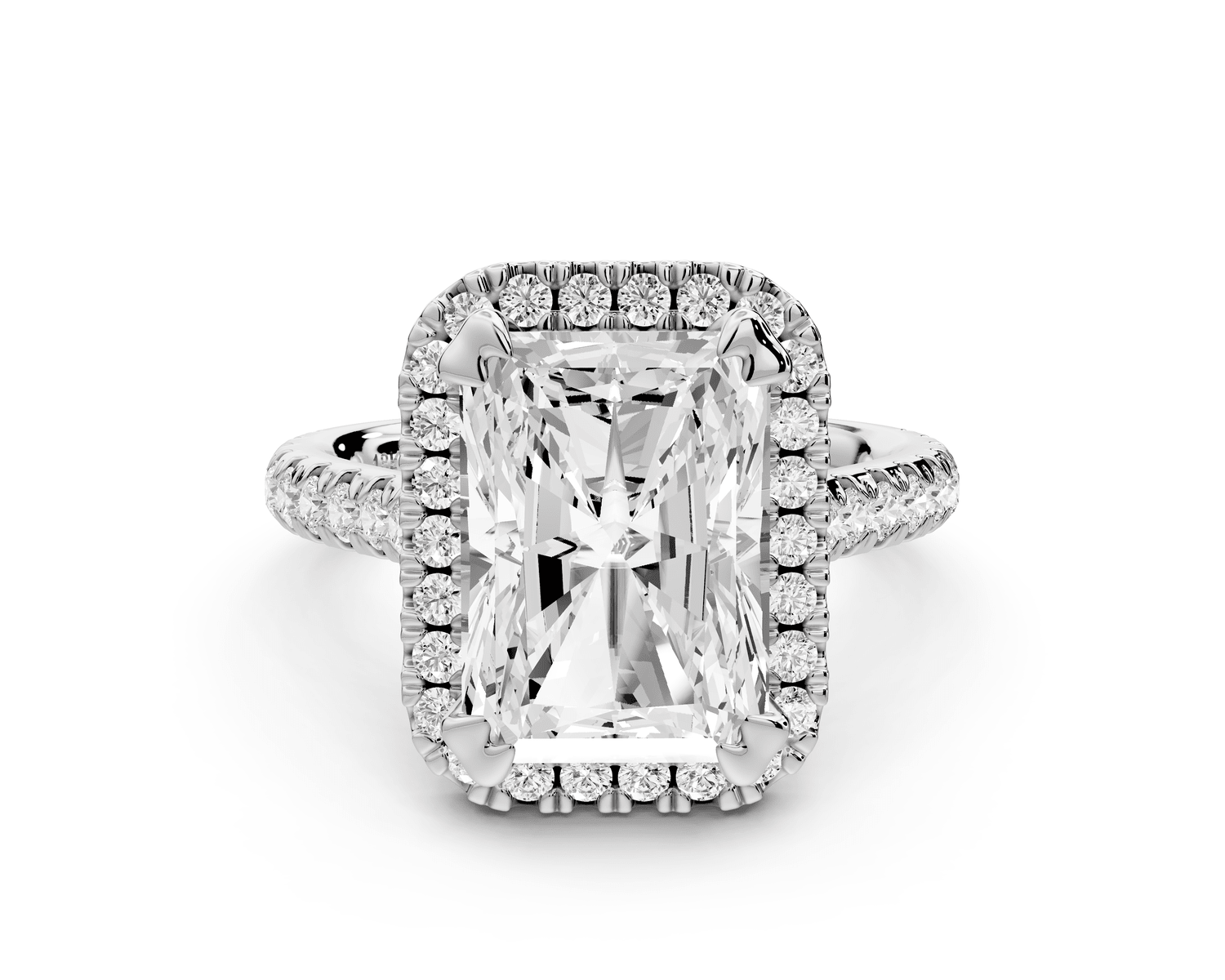 Marcella - 4ct 18k white gold radiant halo double talon prong cathedral pavé engagement ring - Mr. Alex Jewelry