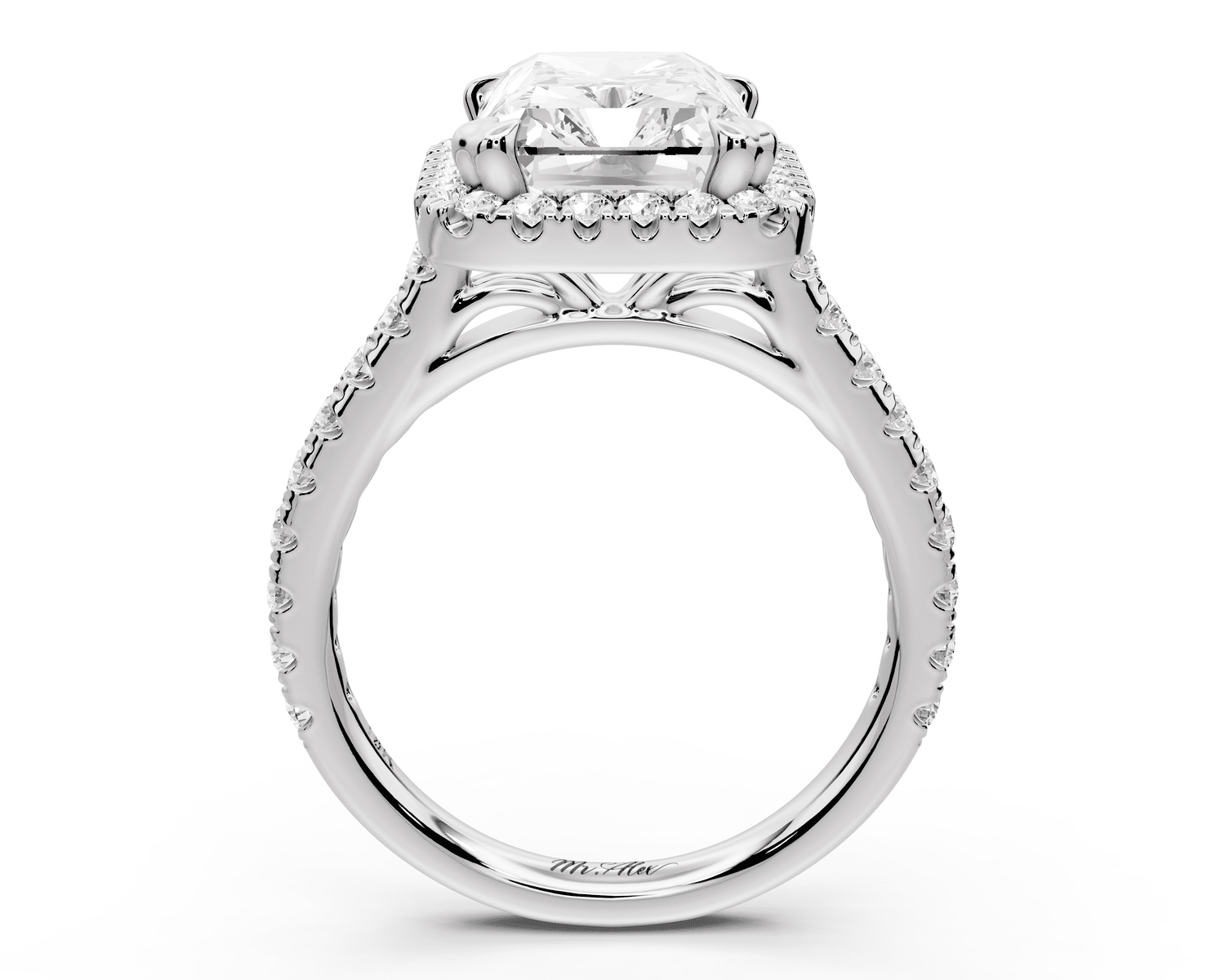 Marcella - 4ct 18k white gold radiant halo double talon prong cathedral pavé engagement ring - Mr. Alex Jewelry