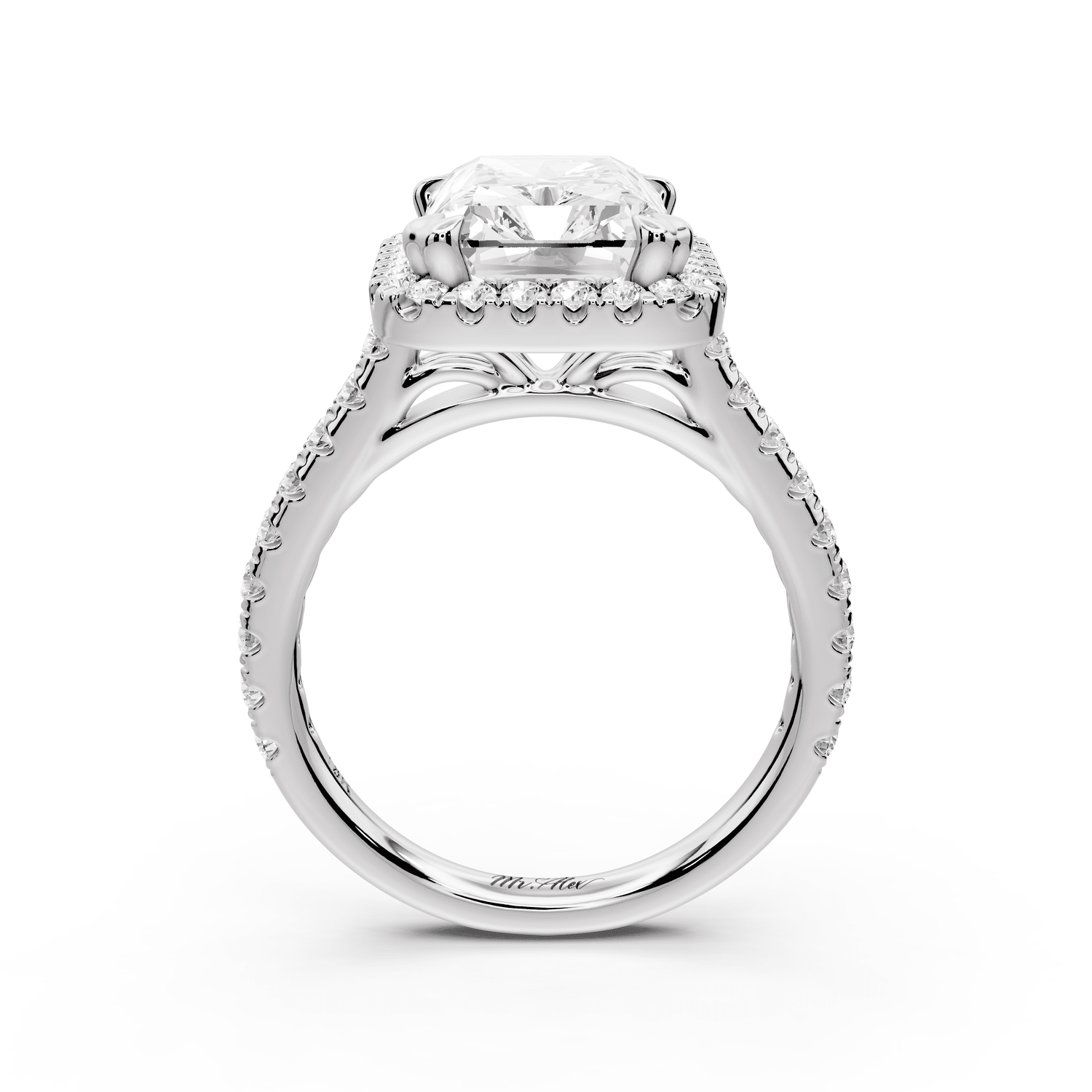 Marcella - 4ct 18k white gold radiant halo double talon prong cathedral pavé engagement ring - Mr. Alex Jewelry