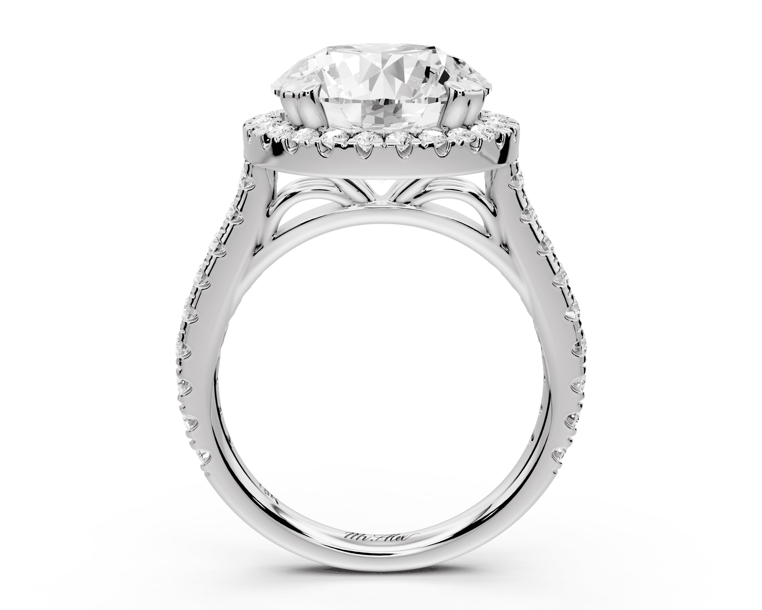 Marcella - 4ct 18k white gold round halo double talon prong cathedral pavé engagement ring - Mr. Alex Jewelry