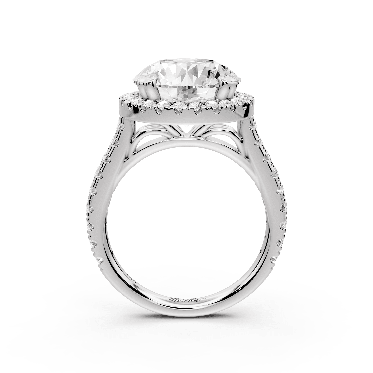 Marcella - 4ct 18k white gold round halo double talon prong cathedral pavé engagement ring - Mr. Alex Jewelry