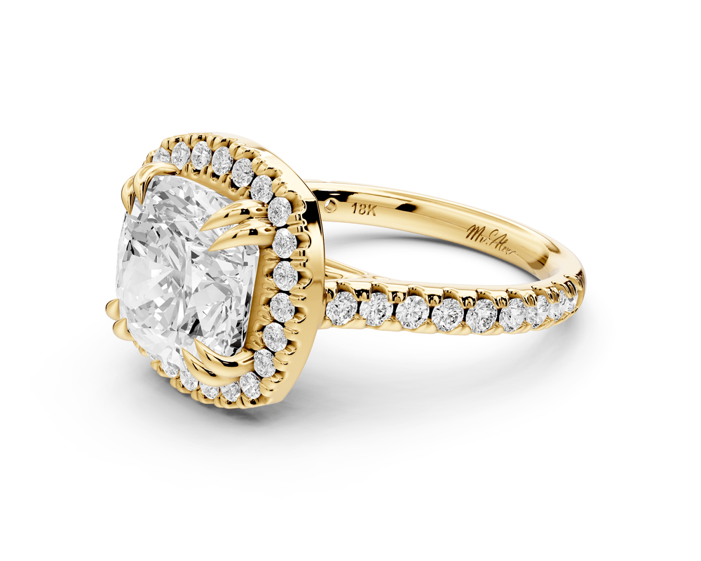 Marcella - 4ct 18k yellow gold cushion halo double talon prong cathedral pavé engagement ring - Mr. Alex Jewelry