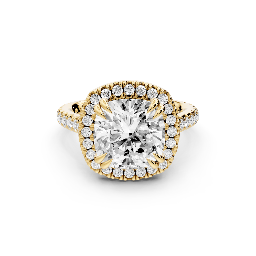 Marcella - 4ct 18k yellow gold cushion halo double talon prong cathedral pavé engagement ring - Mr. Alex Jewelry