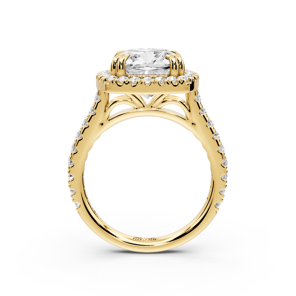 Marcella - 4ct 18k yellow gold cushion halo double talon prong cathedral pavé engagement ring - Mr. Alex Jewelry