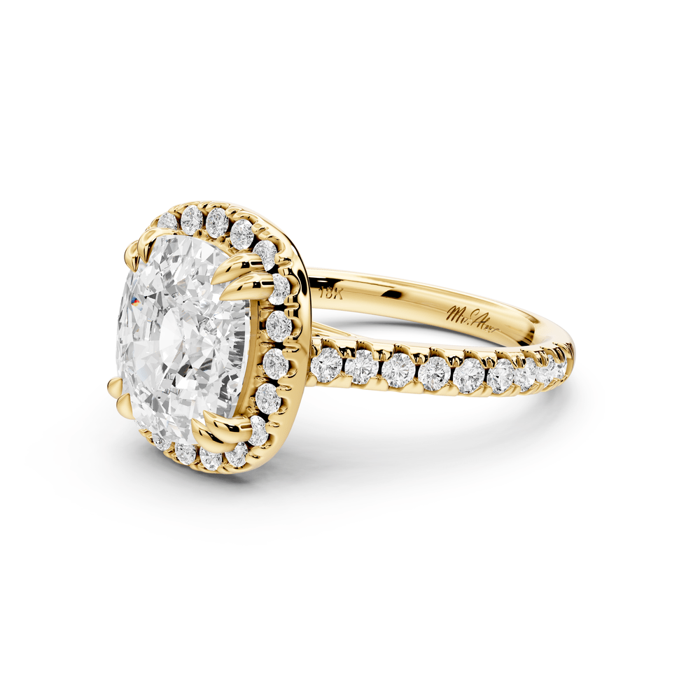 Marcella - 4ct 18k yellow gold ecushion halo double talon prong cathedral pavé engagement ring - Mr. Alex Jewelry