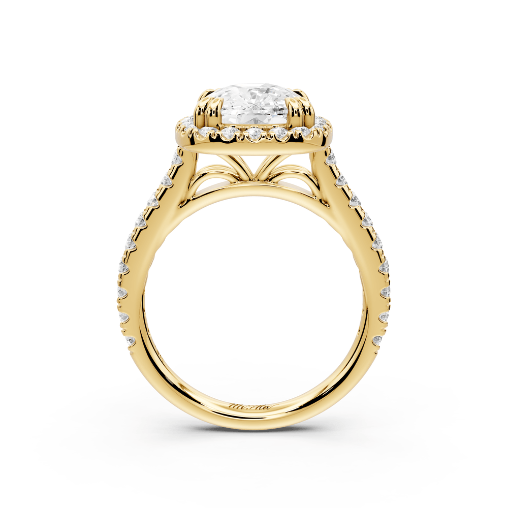 Marcella - 4ct 18k yellow gold ecushion halo double talon prong cathedral pavé engagement ring - Mr. Alex Jewelry