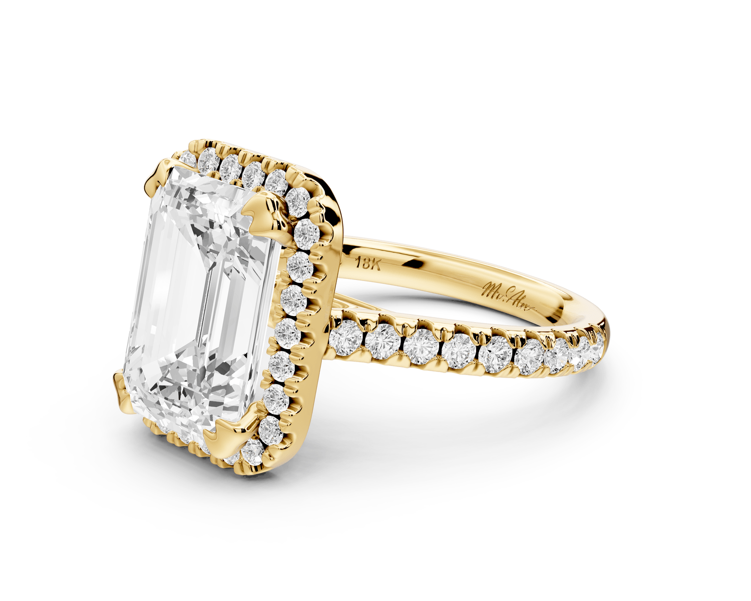 Marcella - 4ct 18k yellow gold emerald halo double talon prong cathedral pavé engagament ring - Mr. Alex Jewelry