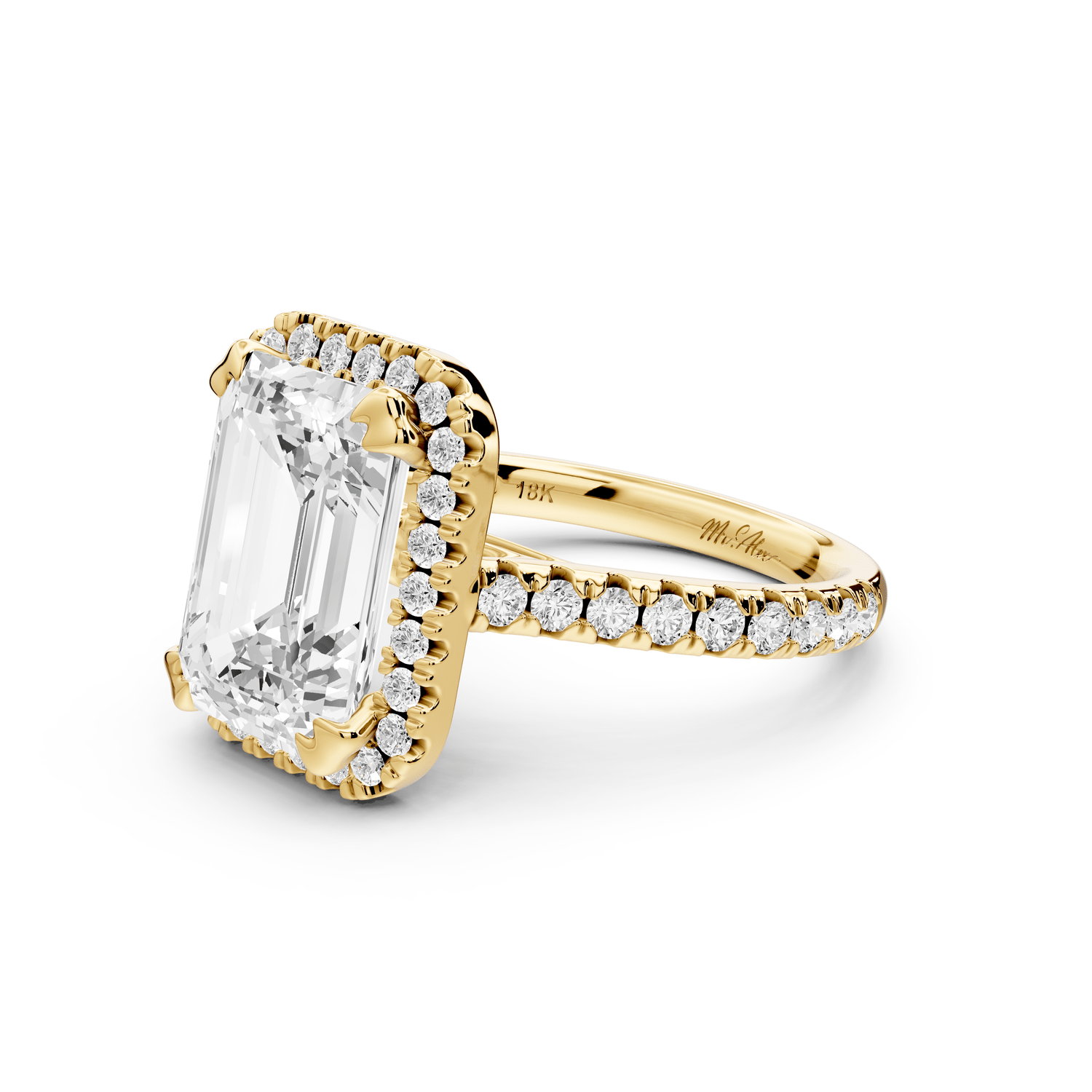 Marcella - 4ct 18k yellow gold emerald halo double talon prong cathedral pavé engagament ring - Mr. Alex Jewelry