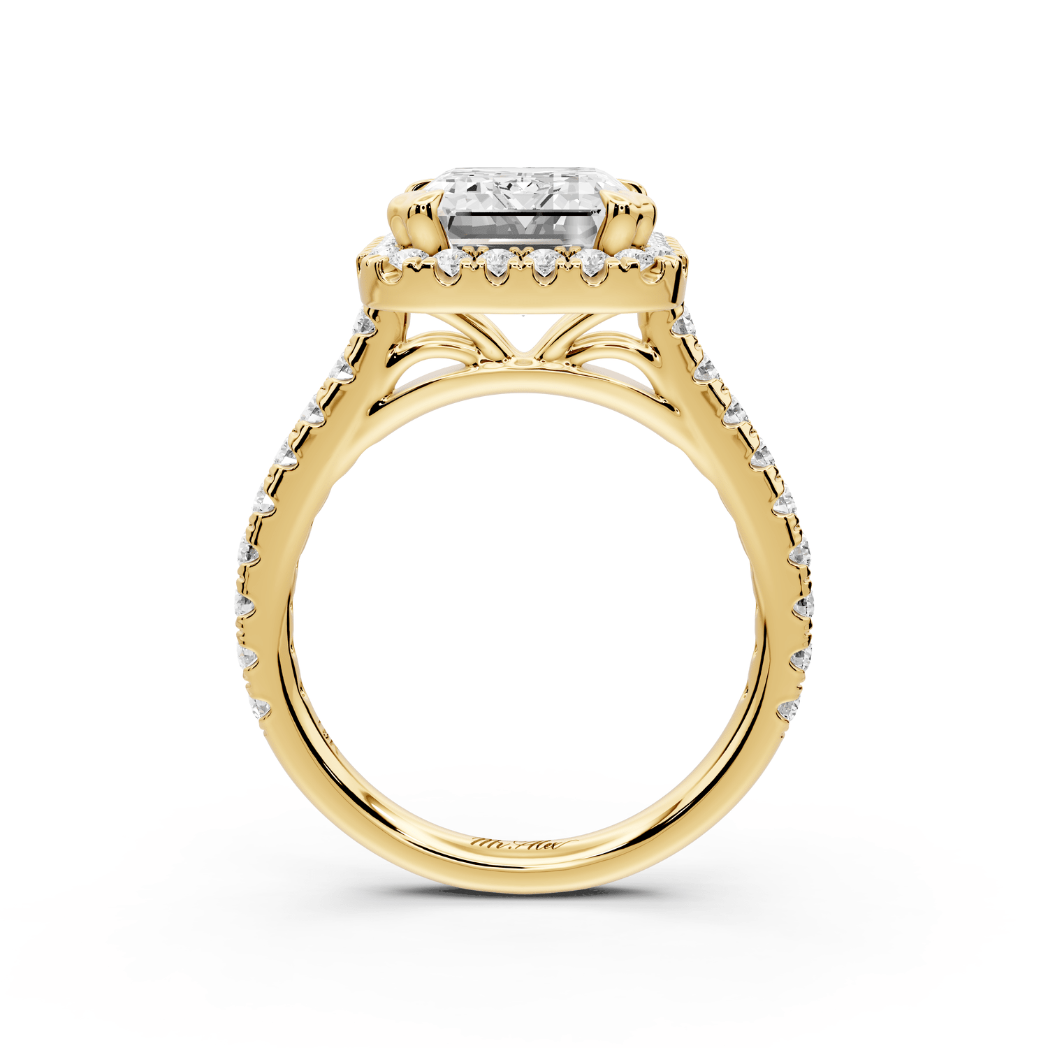 Marcella - 4ct 18k yellow gold emerald halo double talon prong cathedral pavé engagament ring - Mr. Alex Jewelry