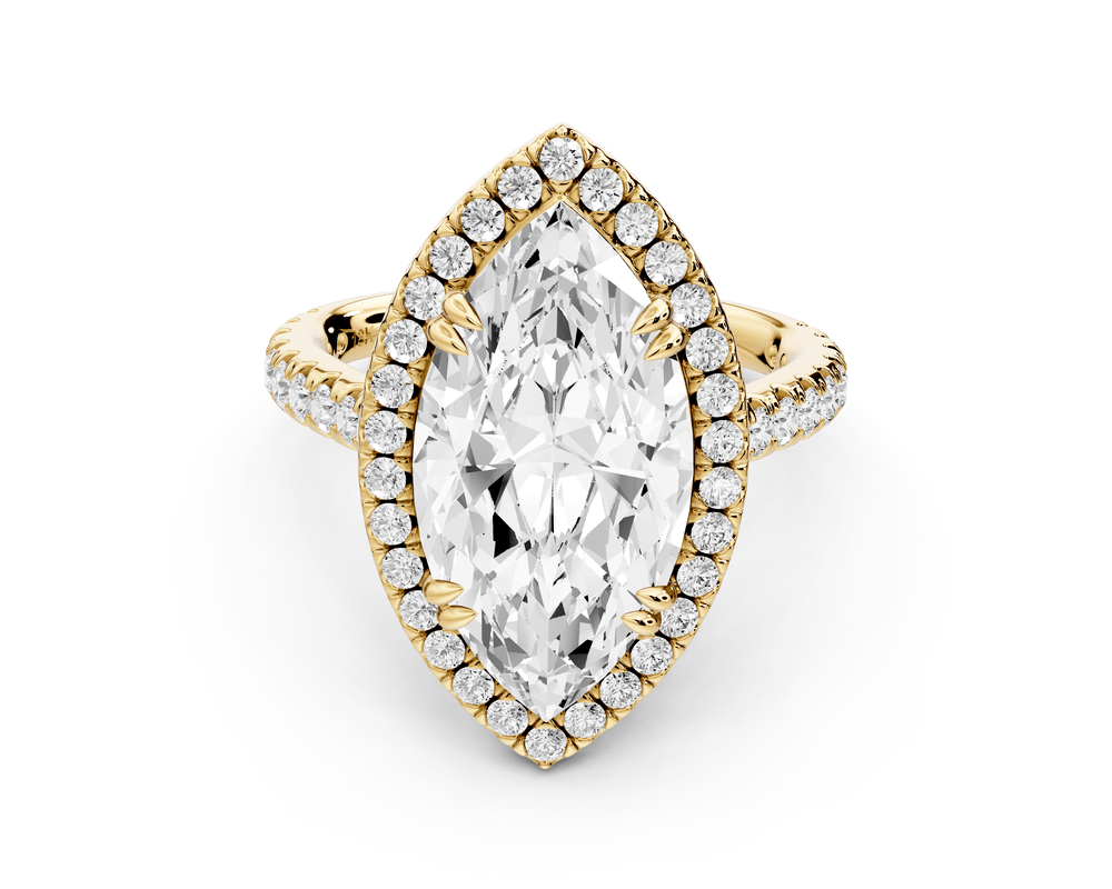 Marcella - 4ct 18k yellow gold marquise halo double talon prong cathedral pavé engagement ring - Mr. Alex Jewelry
