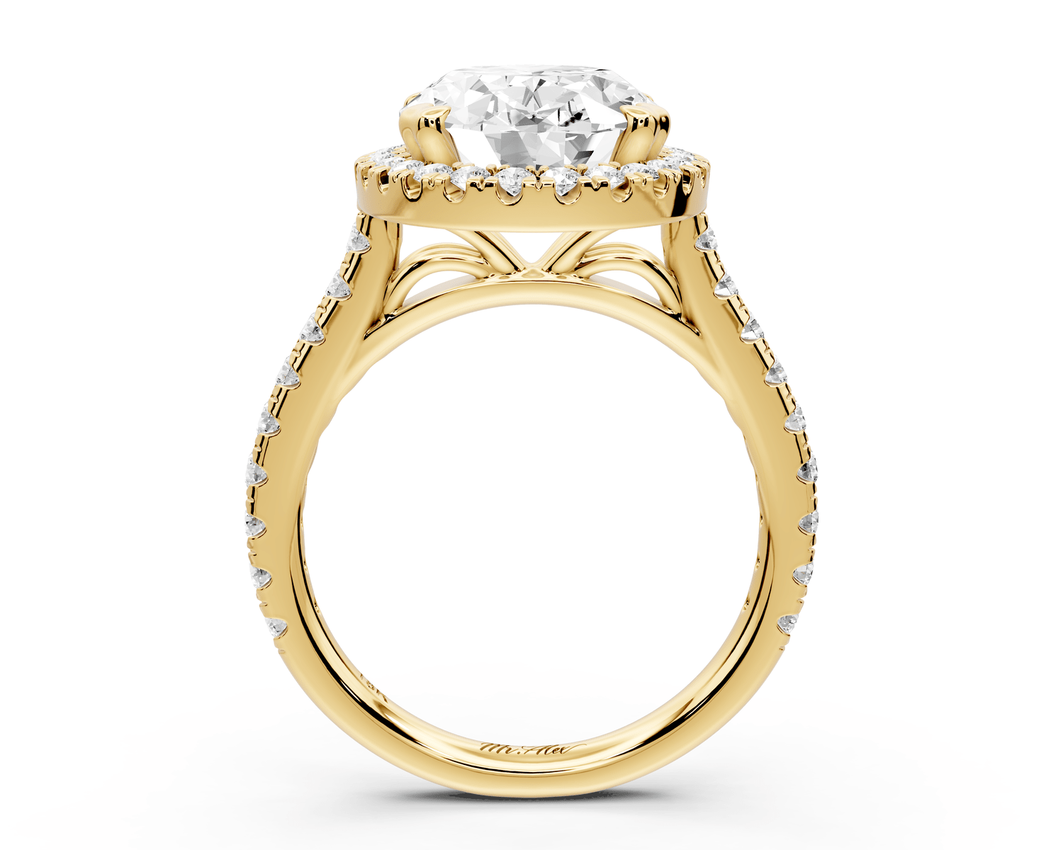 Marcella - 4ct 18k yellow gold oval halo double talon prong cathedral pavé engagament ring - Mr. Alex Jewelry