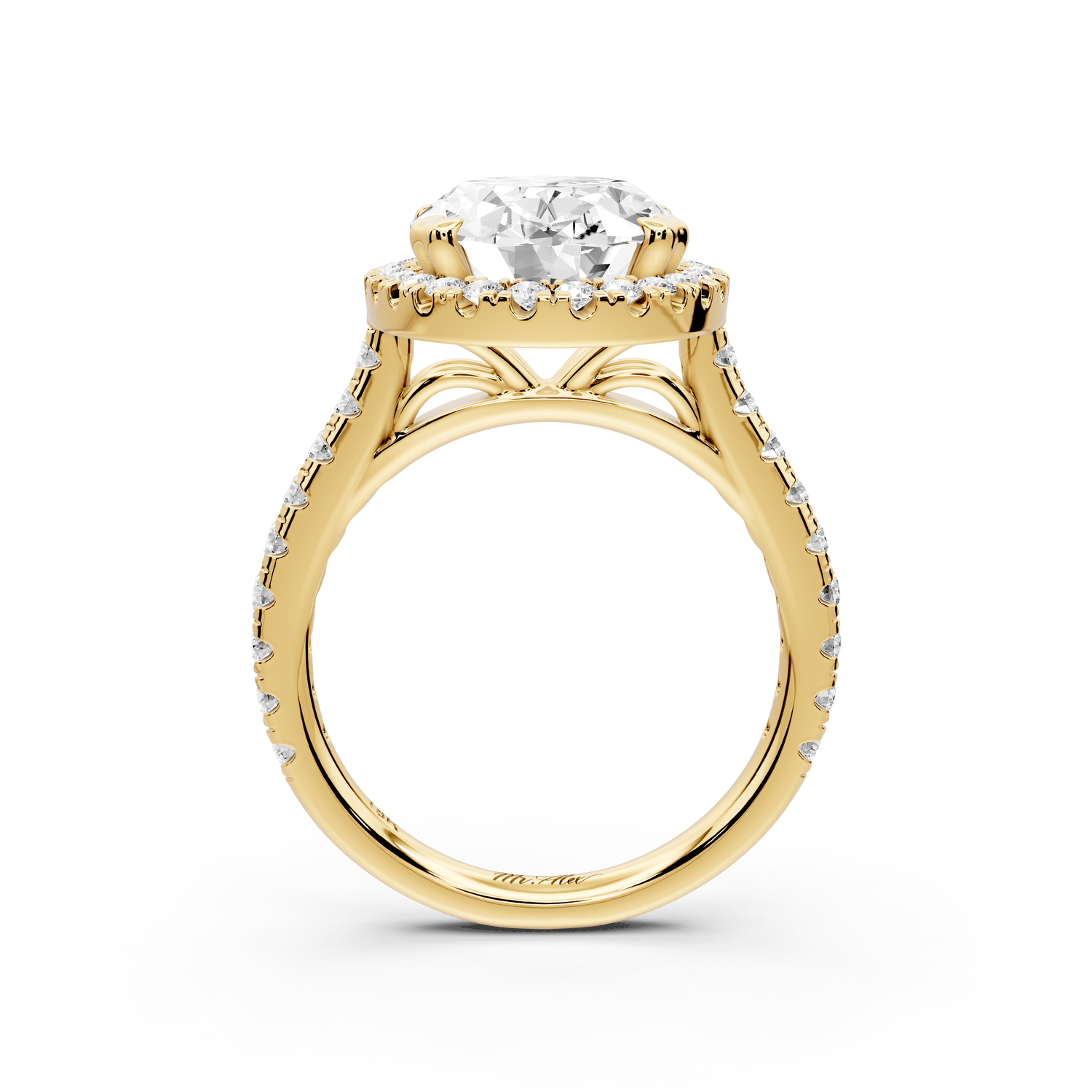 Marcella - 4ct 18k yellow gold oval halo double talon prong cathedral pavé engagament ring - Mr. Alex Jewelry