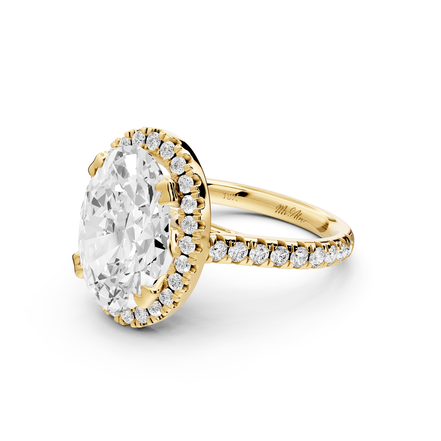 Marcella - 4ct 18k yellow gold oval halo double talon prong cathedral pavé engagament ring - Mr. Alex Jewelry