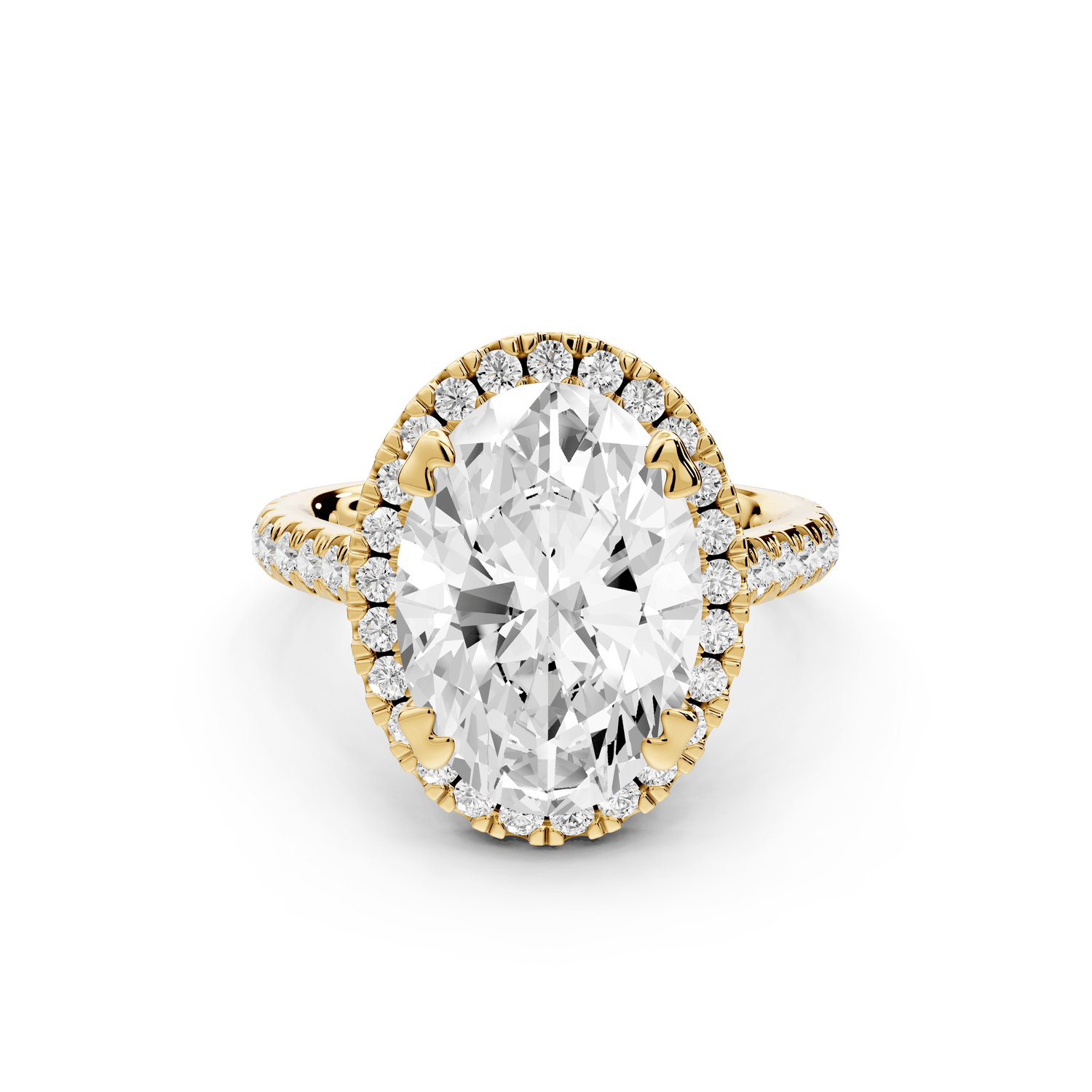 Marcella - 4ct 18k yellow gold oval halo double talon prong cathedral pavé engagament ring - Mr. Alex Jewelry