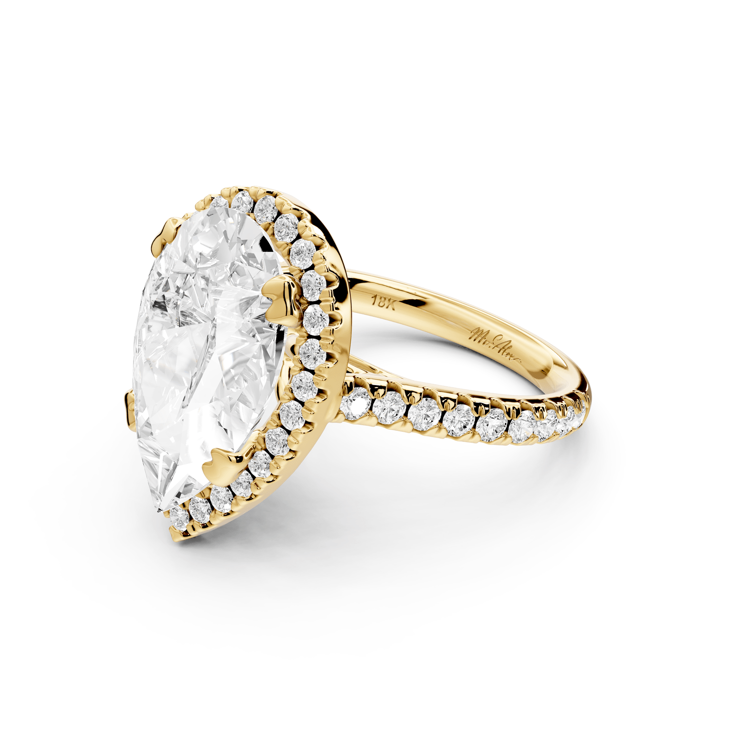 Marcella - 4ct 18k yellow gold pear halo double talon prong cathedral pavé engagament ring - Mr. Alex Jewelry