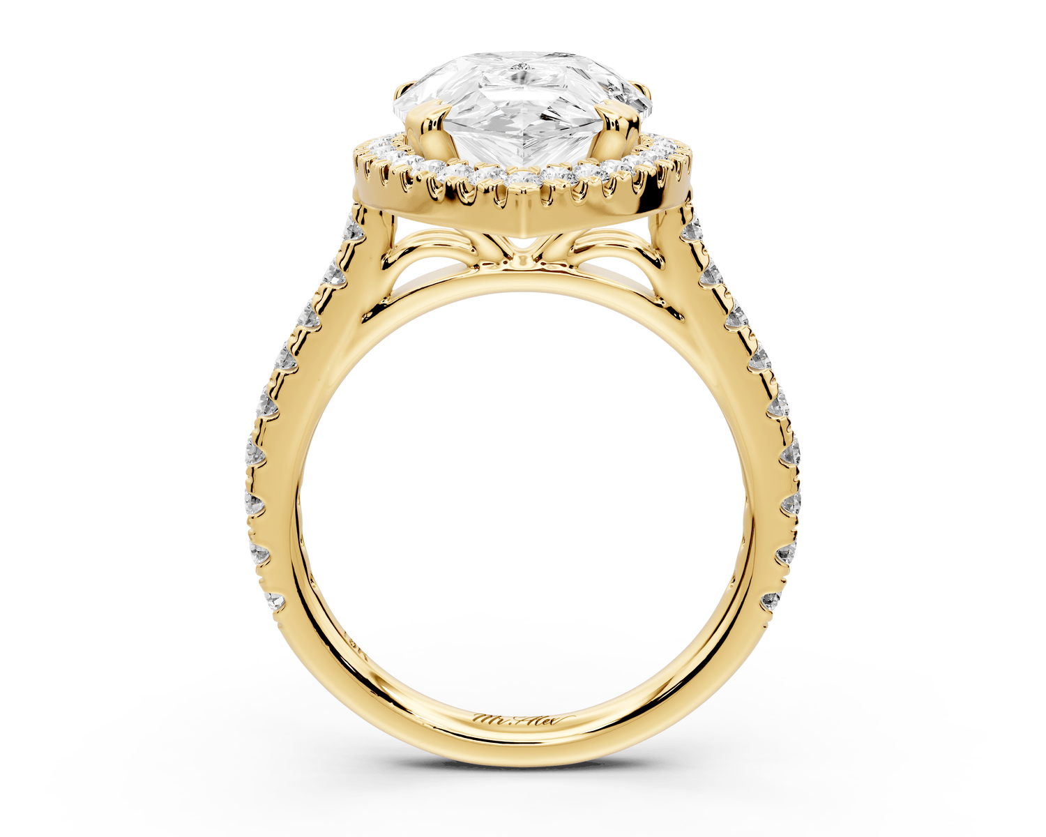 Marcella - 4ct 18k yellow gold pear halo double talon prong cathedral pavé engagament ring - Mr. Alex Jewelry