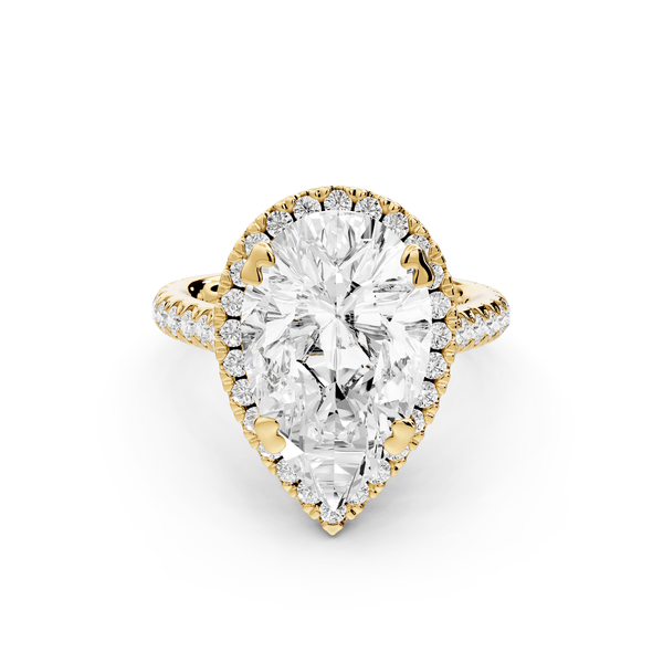 Marcella - 4ct 18k yellow gold pear halo double talon prong cathedral pavé engagament ring - Mr. Alex Jewelry