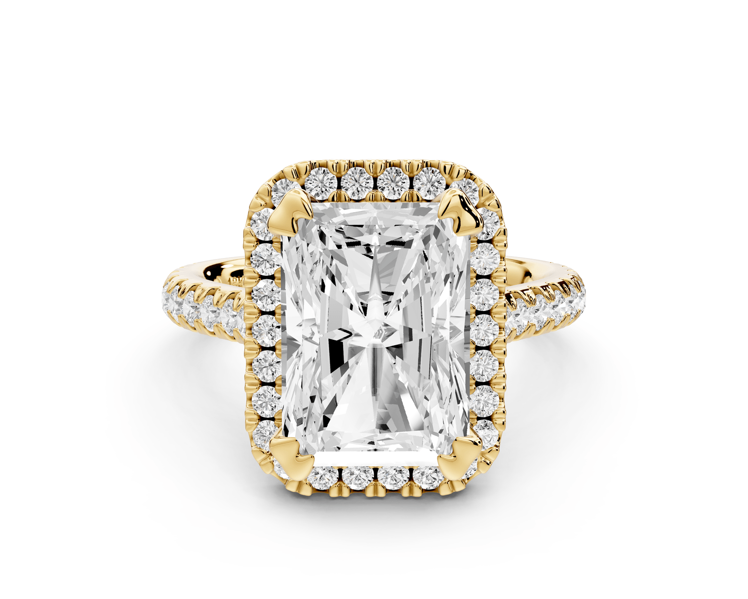 Marcella - 4ct 18k yellow gold radiant halo double talon prong cathedral pavé engagement ring - Mr. Alex Jewelry