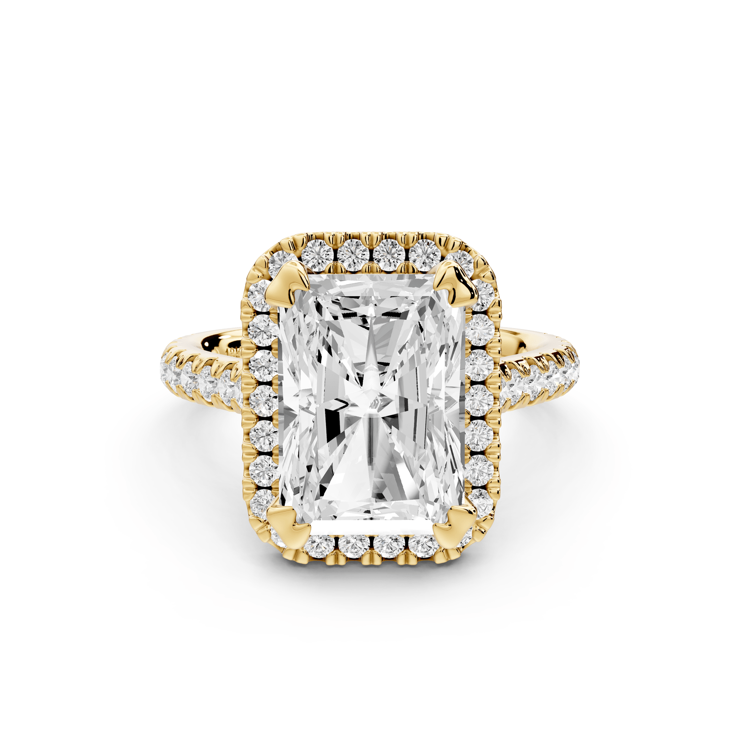 Marcella - 4ct 18k yellow gold radiant halo double talon prong cathedral pavé engagement ring - Mr. Alex Jewelry