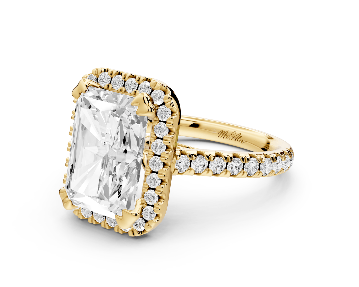 Marcella - 4ct 18k yellow gold radiant halo double talon prong cathedral pavé engagement ring - Mr. Alex Jewelry