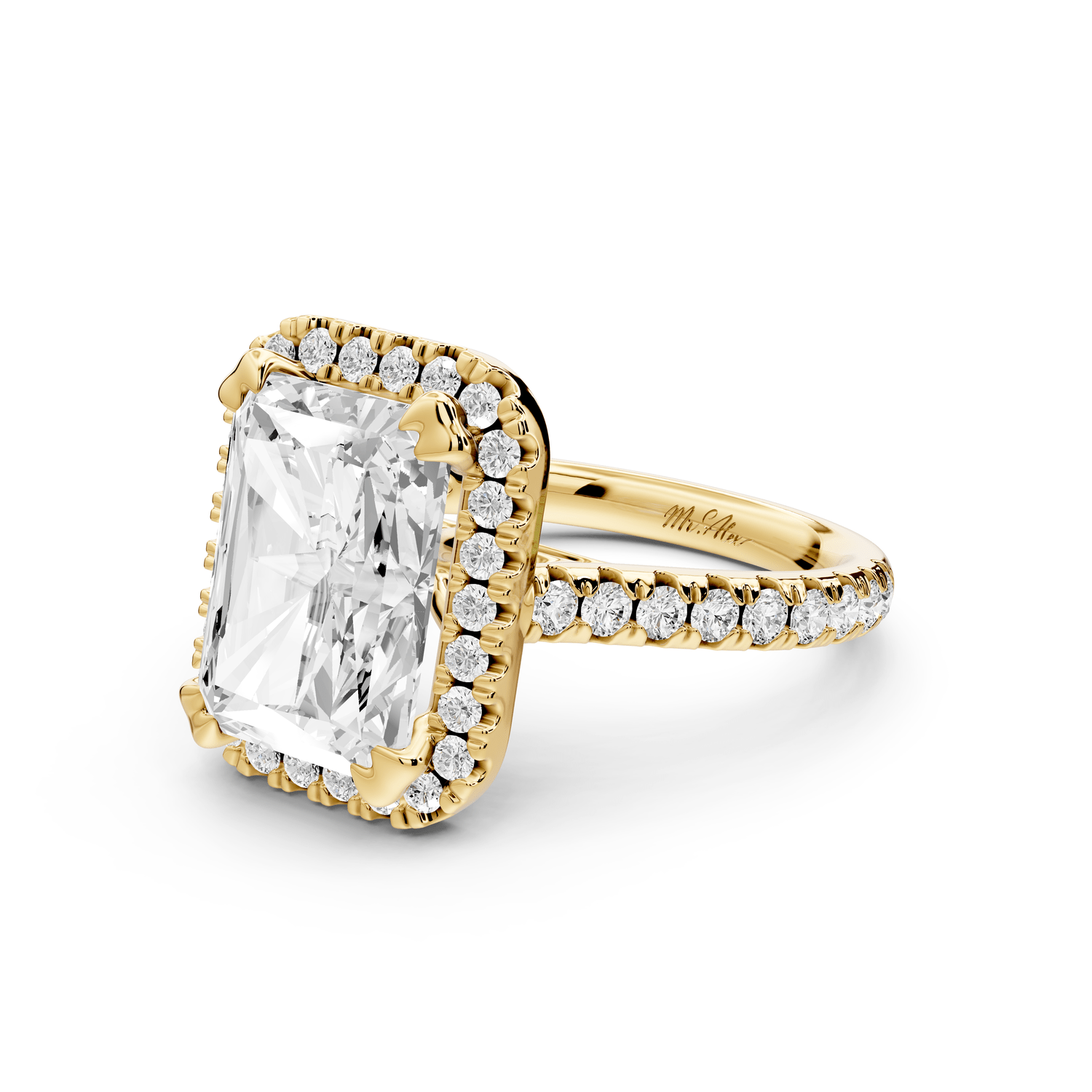 Marcella - 4ct 18k yellow gold radiant halo double talon prong cathedral pavé engagement ring - Mr. Alex Jewelry