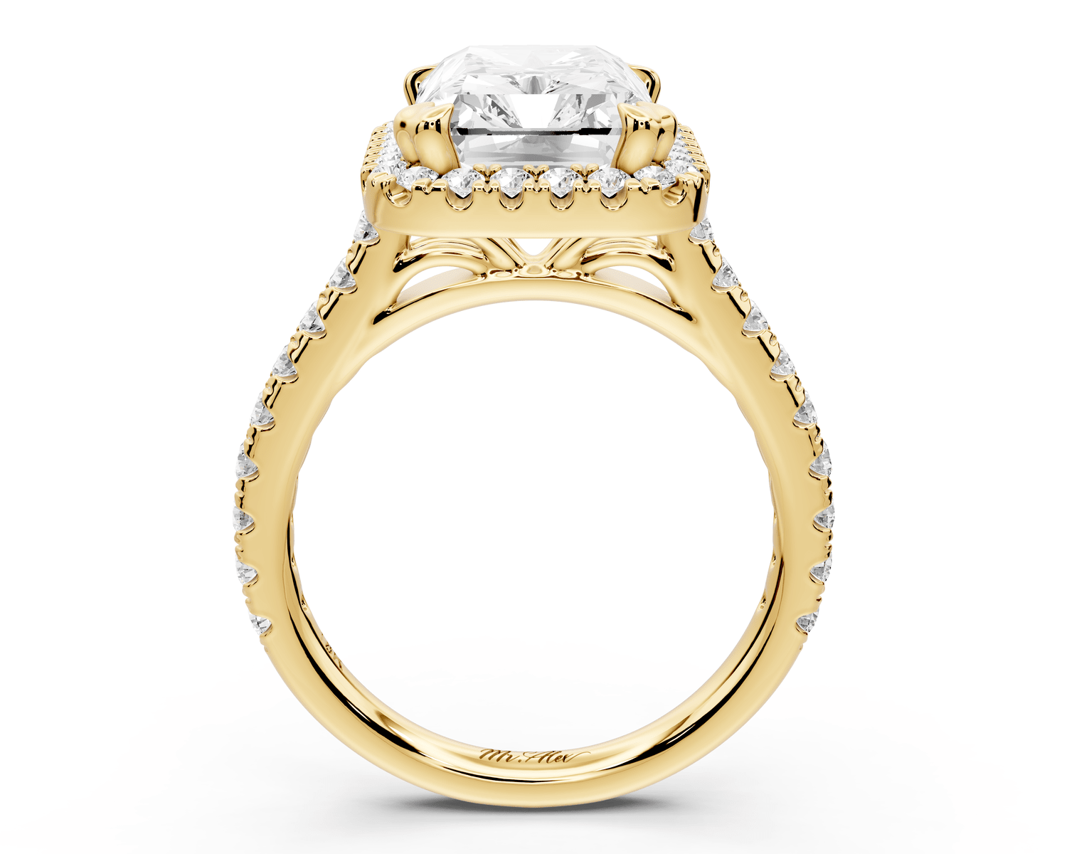 Marcella - 4ct 18k yellow gold radiant halo double talon prong cathedral pavé engagement ring - Mr. Alex Jewelry