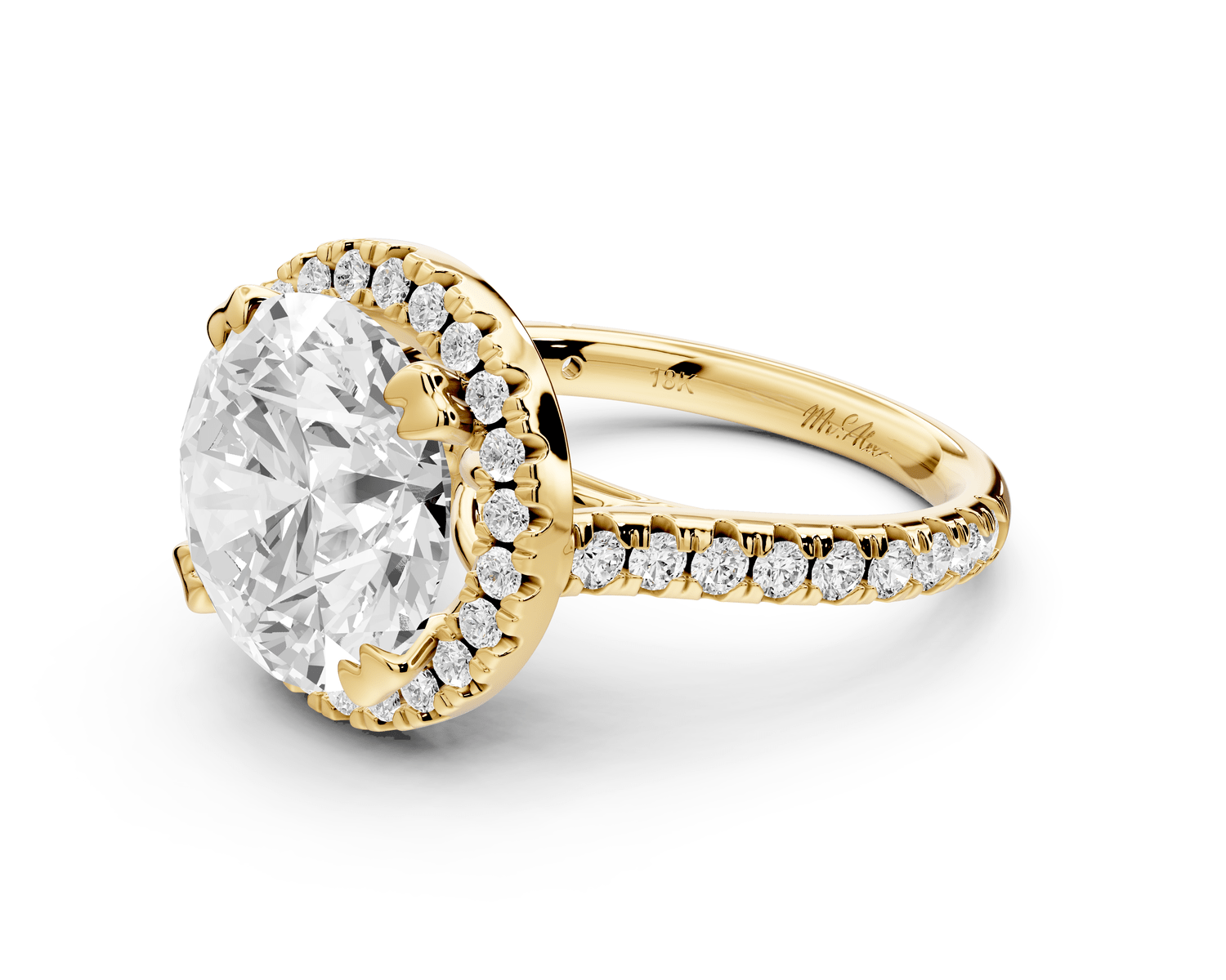 Marcella - 4ct 18k yellow gold round halo double talon prong cathedral pavé engagement ring - Mr. Alex Jewelry