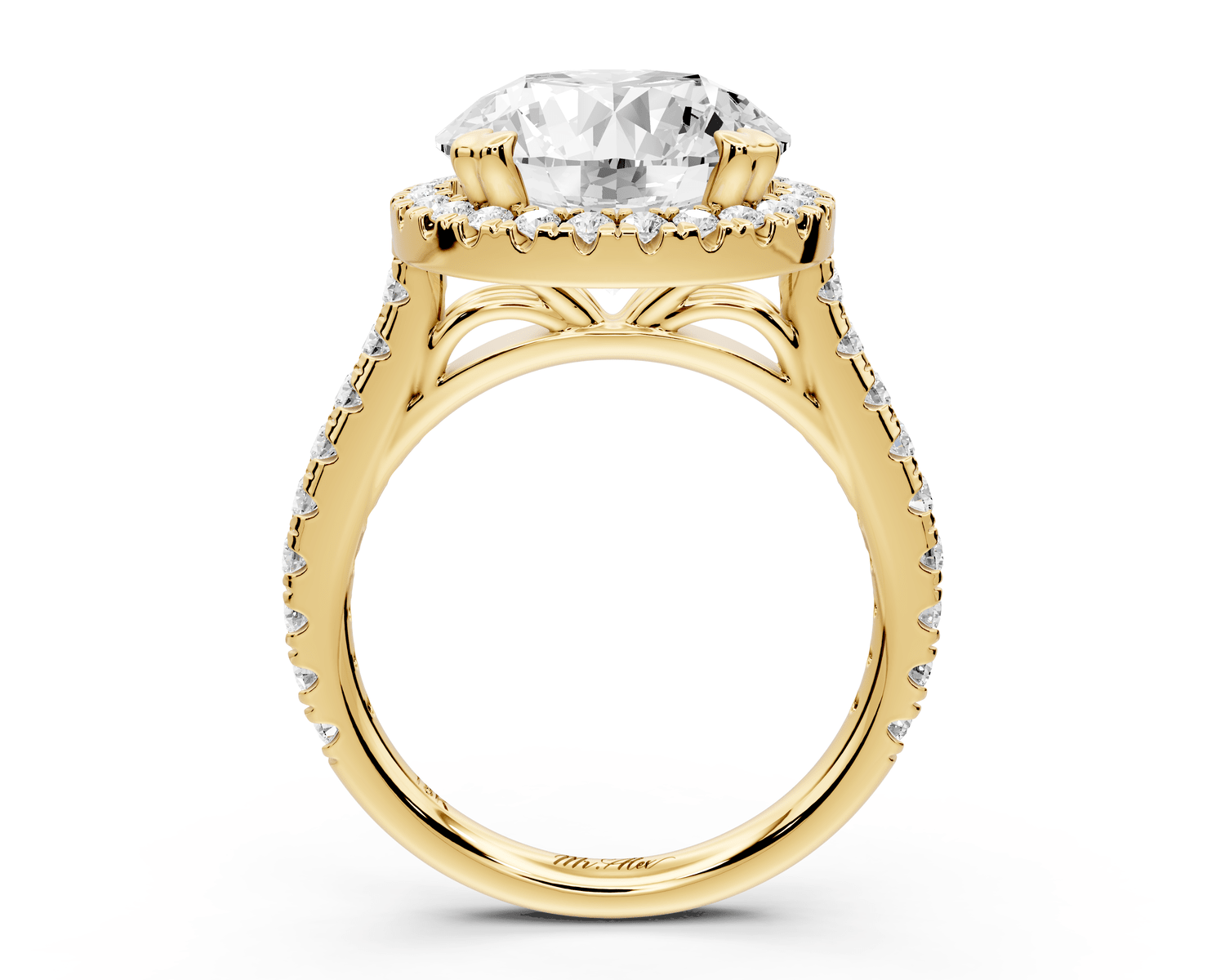 Marcella - 4ct 18k yellow gold round halo double talon prong cathedral pavé engagement ring - Mr. Alex Jewelry