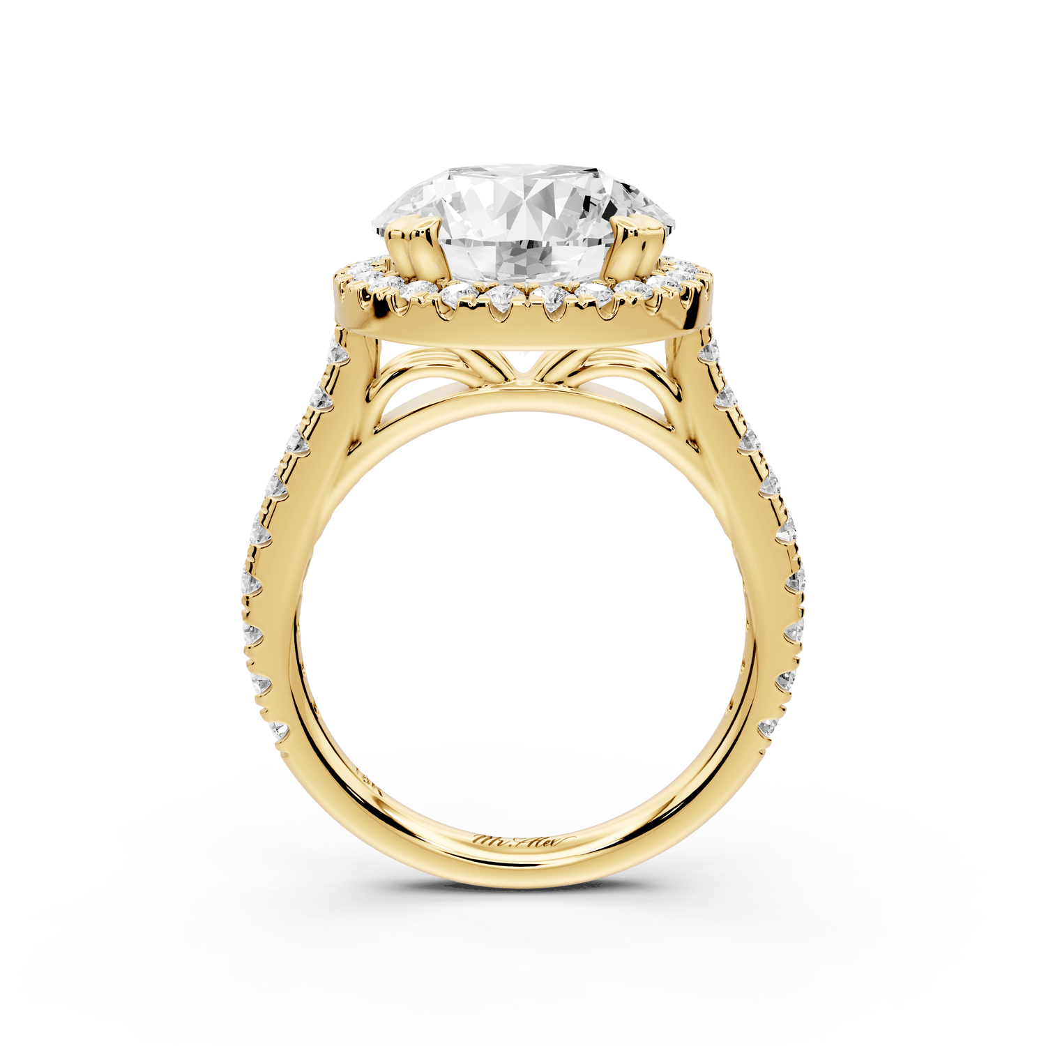 Marcella - 4ct 18k yellow gold round halo double talon prong cathedral pavé engagement ring - Mr. Alex Jewelry