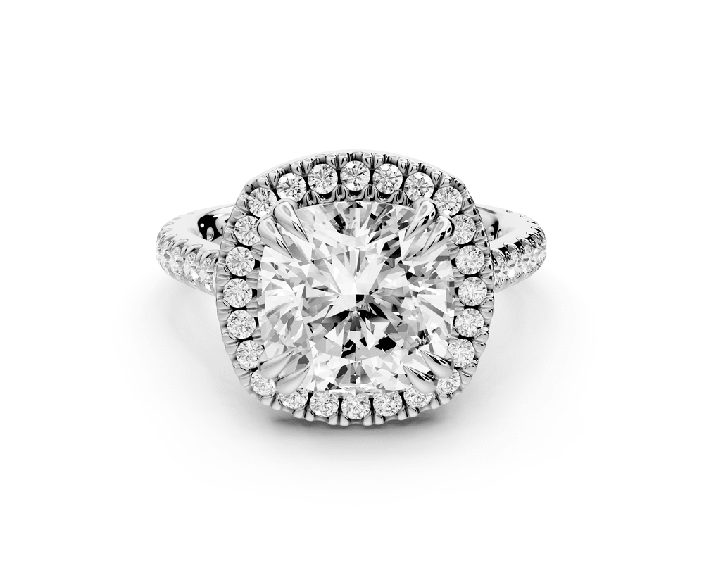 Marcella - 4ct platinum cushion halo double talon prong cathedral pavé engagement ring - Mr. Alex Jewelry