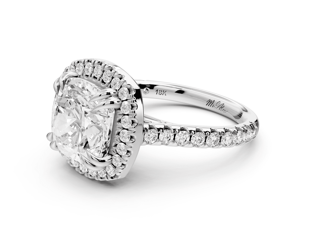 Marcella - 4ct platinum cushion halo double talon prong cathedral pavé engagement ring - Mr. Alex Jewelry