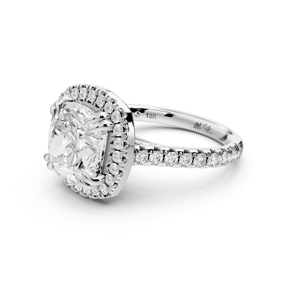 Marcella - 4ct platinum cushion halo double talon prong cathedral pavé engagement ring - Mr. Alex Jewelry