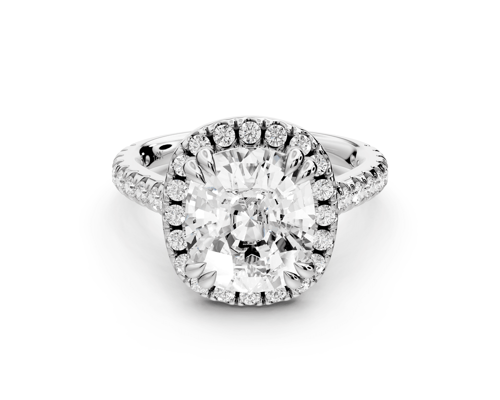 Marcella - 4ct platinum ecushion halo double talon prong cathedral pavé engagement ring - Mr. Alex Jewelry