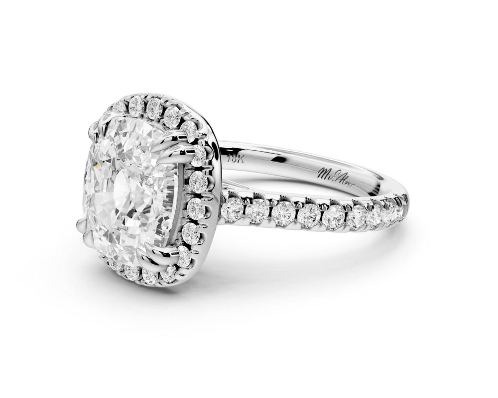 Marcella - 4ct platinum ecushion halo double talon prong cathedral pavé engagement ring - Mr. Alex Jewelry