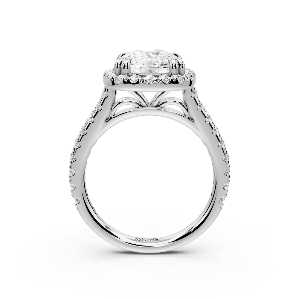 Marcella - 4ct platinum ecushion halo double talon prong cathedral pavé engagement ring - Mr. Alex Jewelry