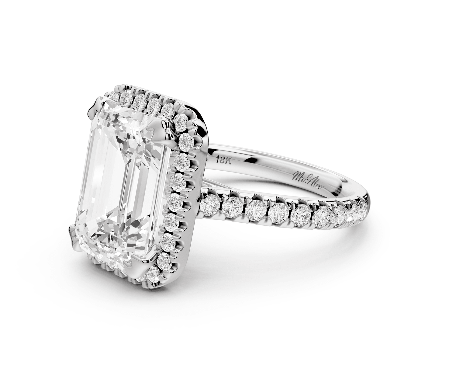 Marcella - 4ct platinum emerald halo double talon prong cathedral pavé engagament ring - Mr. Alex Jewelry