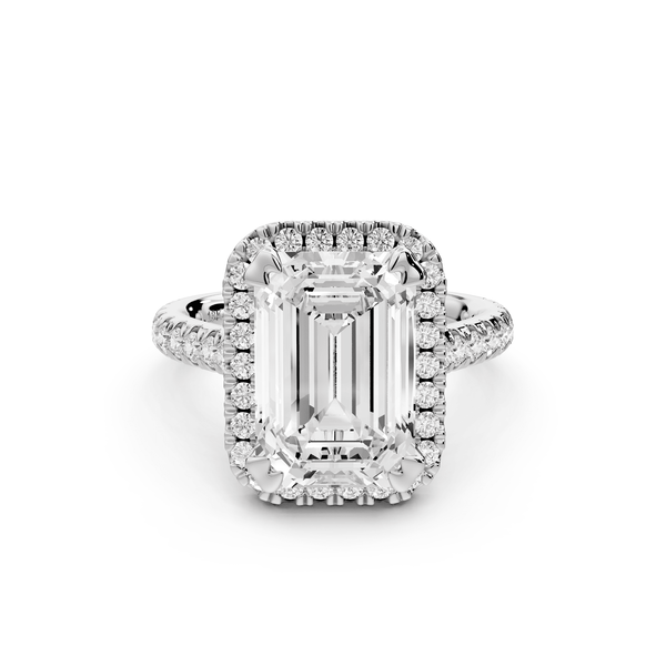 Marcella - 4ct platinum emerald halo double talon prong cathedral pavé engagament ring - Mr. Alex Jewelry