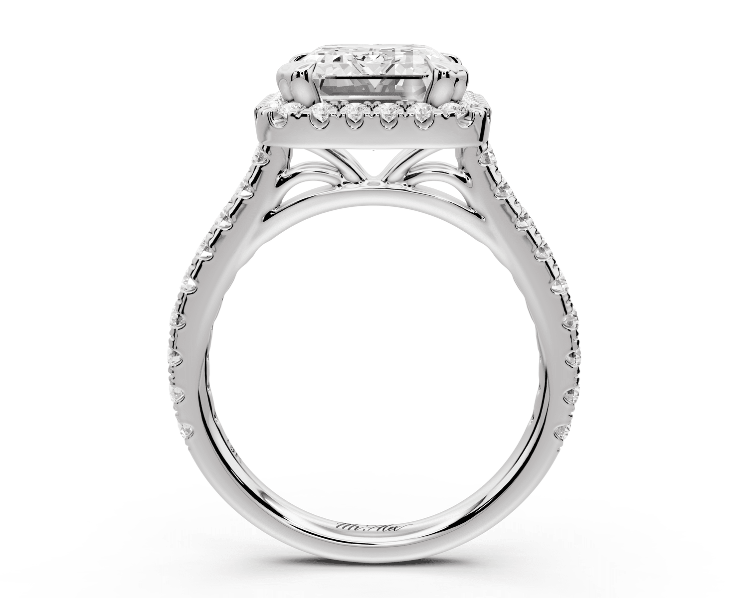 Marcella - 4ct platinum emerald halo double talon prong cathedral pavé engagament ring - Mr. Alex Jewelry